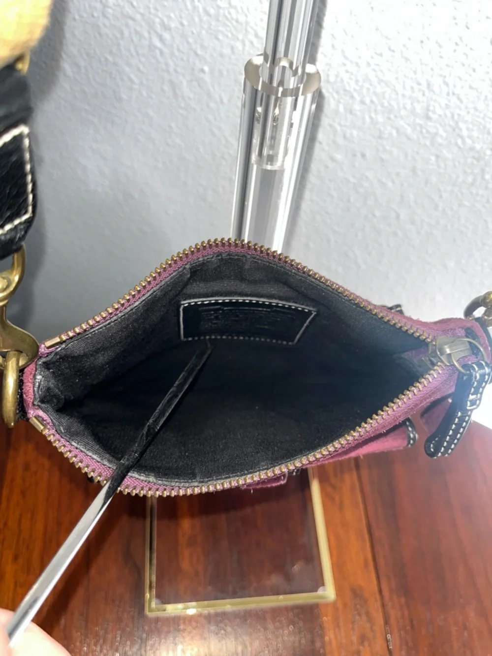 Coach Burgundy Suede Crossbody Bag with Black Trim & Gold Hardware
